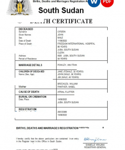 South Sudan vital record death certificate Word and PDF template