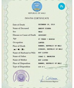 Mali death certificate PSD template, completely editable