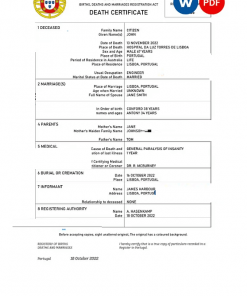 Portugal death certificate Word and PDF template, completely editable