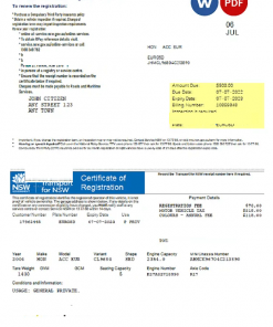 Australia Transport for NSW Registration certificate, Word and PDF template