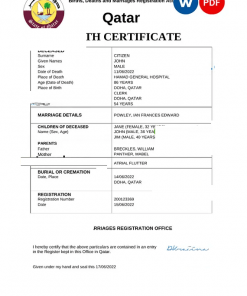 Qatar vital record death certificate Word and PDF template