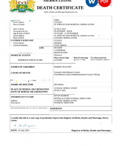 Sierra Leone death certificate Word and PDF template, completely editable