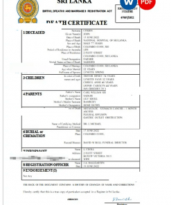 Sri Lanka vital record death certificate Word and PDF template