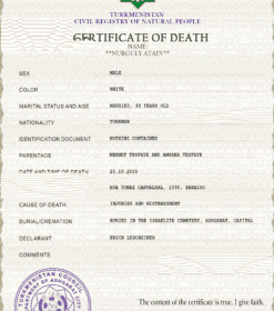 Turkmenistan death certificate PSD template, completely editable