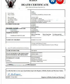 Sudan vital record death certificate Word and PDF template