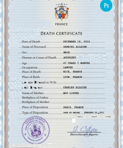 France vital record death certificate PSD template, completely editable