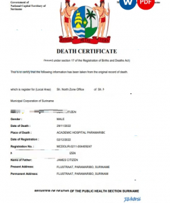 Suriname death certificate Word and PDF template, completely editable