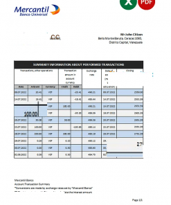 Venezuela Mercantil bank statement, Excel and PDF template