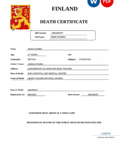 Finland death certificate Word and PDF template, completely editable