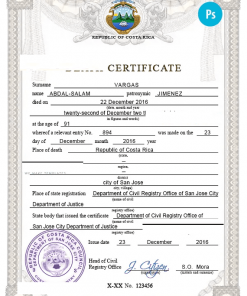 Costa Rica death certificate PSD template, completely editable