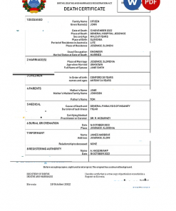 Slovenia vital record death certificate Word and PDF template