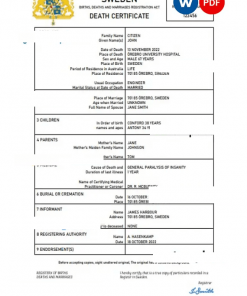 Sweden vital record death certificate Word and PDF template