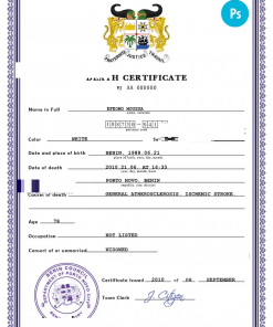 Benin vital record death certificate PSD template, fully editable