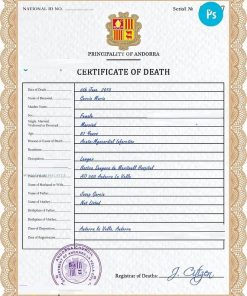 Andorra death certificate PSD template, completely editable