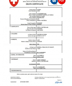 Switzerland vital record death certificate Word and PDF template