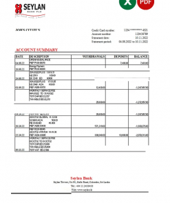 Sri Lanka Seylan bank statement, Excel and PDF template