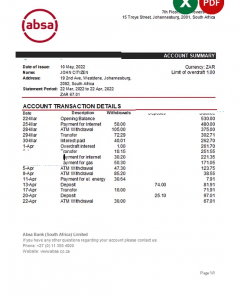 South Africa ABSA bank statement, Excel and PDF template