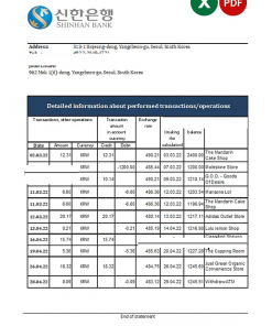 South Korea Shinhan bank statement, Excel and PDF template