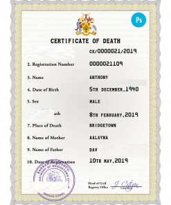 Barbados death certificate PSD template, completely editable