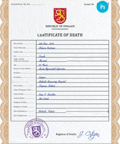 Finland death certificate PSD template, completely editable