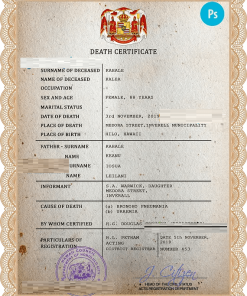 Hawaii vital record death certificate PSD template