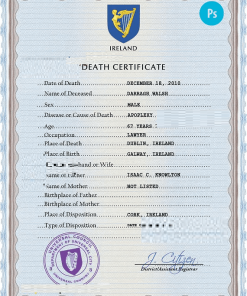 Ireland vital record death certificate PSD template, completely editable