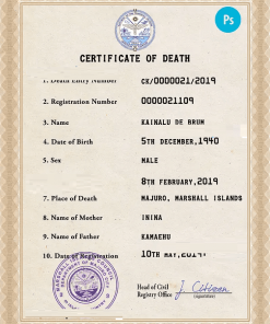 Marshall Islands death certificate PSD template, completely editable