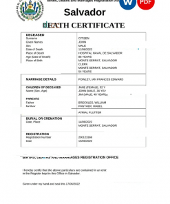 Salvador vital record death certificate Word and PDF template