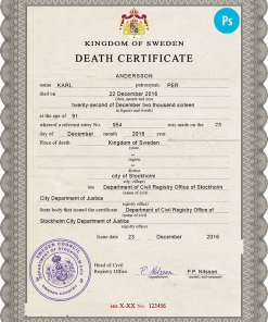 Sweden vital record death certificate PSD template, fully editable