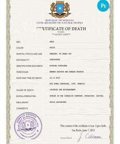 Somalia vital record death certificate PSD template, completely editable