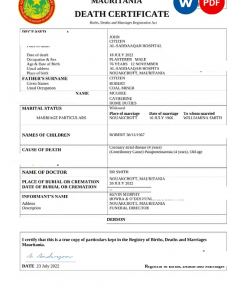 Mauritania vital record death certificate Word and PDF template