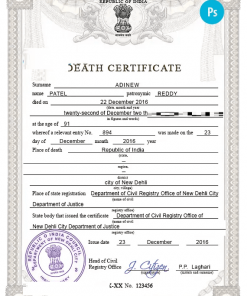 India death certificate PSD template, completely editable