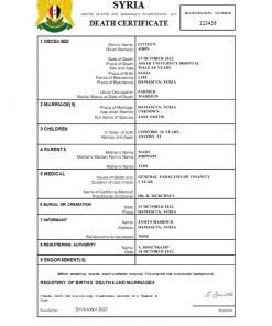 Syria vital record death certificate Word and PDF template