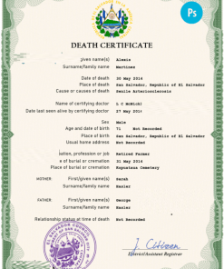 Salvador vital record death certificate PSD template, completely editable