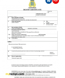 Estonia death certificate Word and PDF template, completely editable