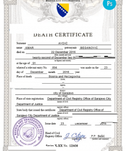 Bosnia and Herzegovina vital record death certificate PSD template, completely editable