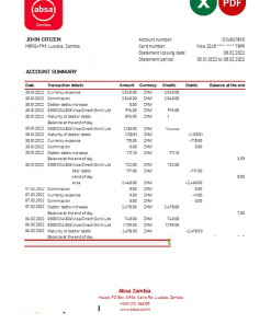 Zambia Absa bank statement, Excel and PDF template