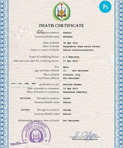 Djibouti death certificate PSD template, completely editable