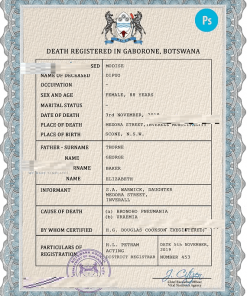 Botswana vital record death certificate PSD template