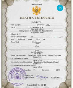 Montenegro vital record death certificate PSD template, fully editable
