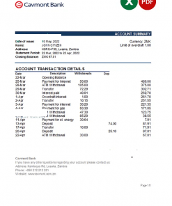 Zambia Cavmont bank statement, Excel and PDF template