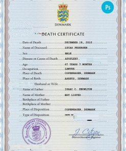 Denmark vital record death certificate PSD template, fully editable
