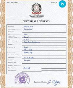 Italy vital record death certificate PSD template, fully editable