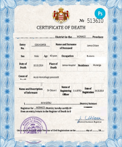 Monaco vital record death certificate PSD template