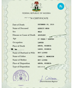Nigeria vital record death certificate PSD template, fully editable