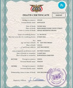 Yemen vital record death certificate PSD template, fully editable
