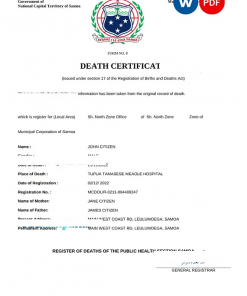 Samoa death certificate Word and PDF template, completely editable