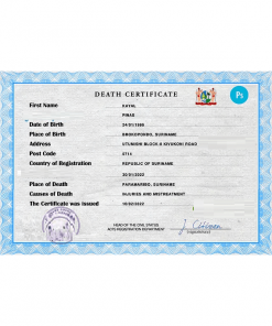 Suriname vital record death certificate PSD template, completely editable
