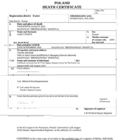 Poland death certificate Word and PDF template, completely editable