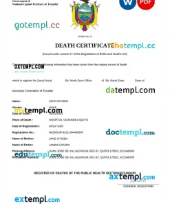 Ecuador vital record death certificate Word and PDF template
